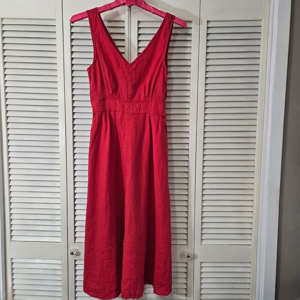 Joie 100% Linen V-Neck Midi Dress Size 10 Red Pockets Boho Resort Sleeveless